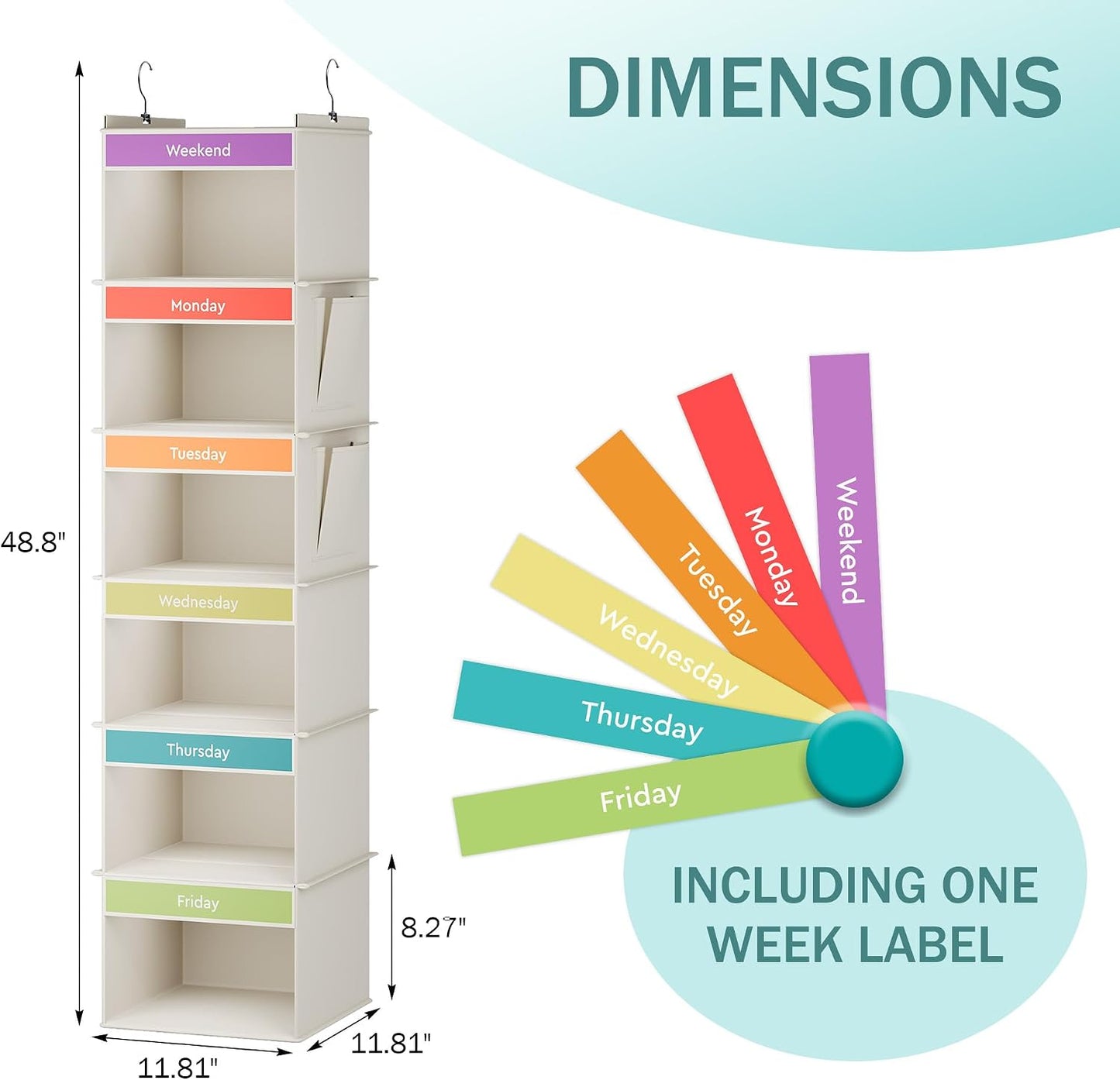 YOUDENOVA 6-Shelf Weekly Hanging Closet Organizer, Weekly Clothes Organizers for Kids with 2 Side Pockets, Pink