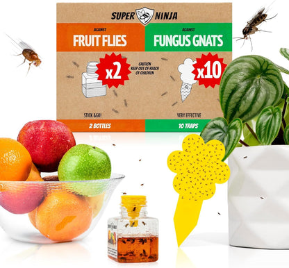 Super Ninja Fruit Fly Traps for Indoors - 4 Pack, Highly Effective Fruit Fly Catcher for Indoor Use for Home & Kitchen, Up to 3 Weeks of Performance per Bottle, Kid & Pet Friendly