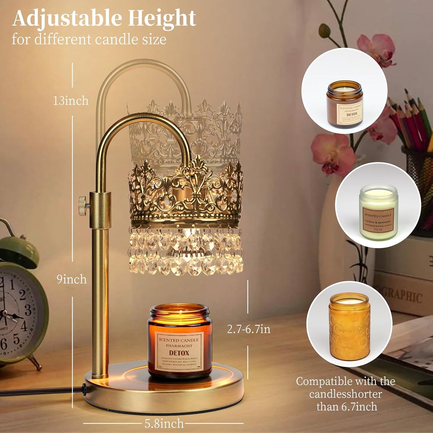 Candle Warmer Lamp with Timer Dimmer Adjustable Height with 2 Bulbs Crystal Candle Lamp Elegant Home Decor for Valentine's Day Gift Wax Melt Warmers for Women Birthday Gift (Black)