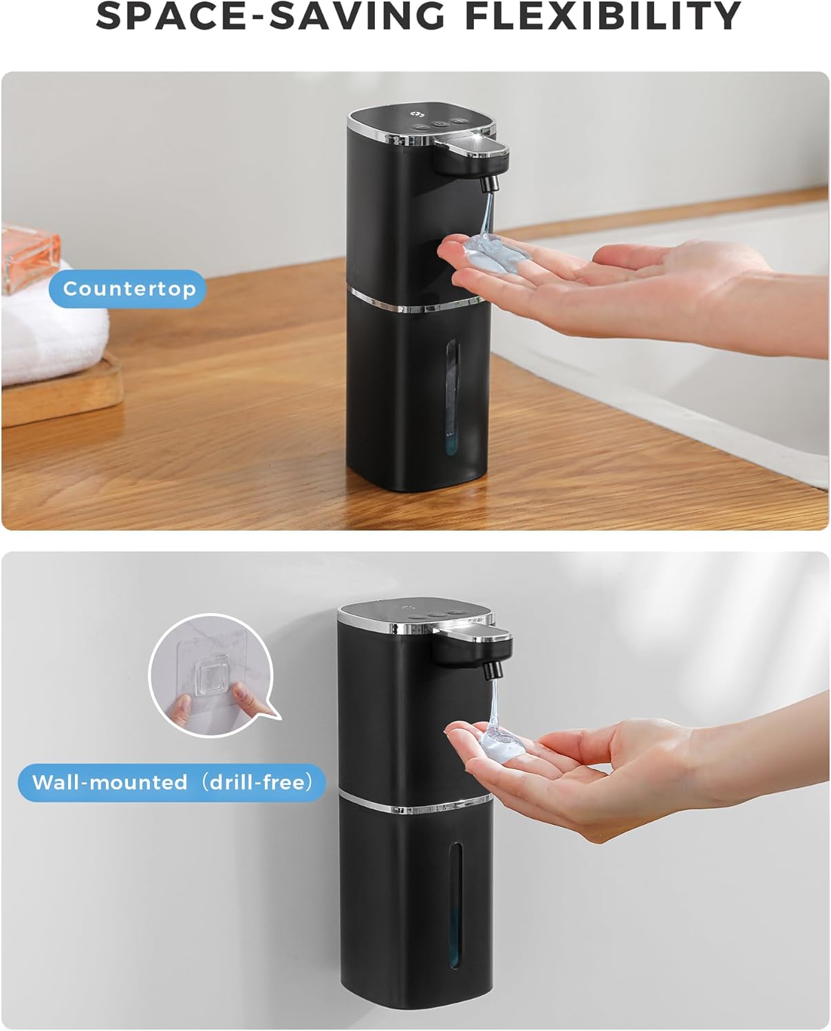 2 Pack Automatic Foaming Soap Dispenser, 13.5oz/400mL, USB Rechargeable,9- Adjustable Foam Levels, IPX5 Waterproof, Touchless & Wall/Tabletop Use for Kitchen Bathroom, Black