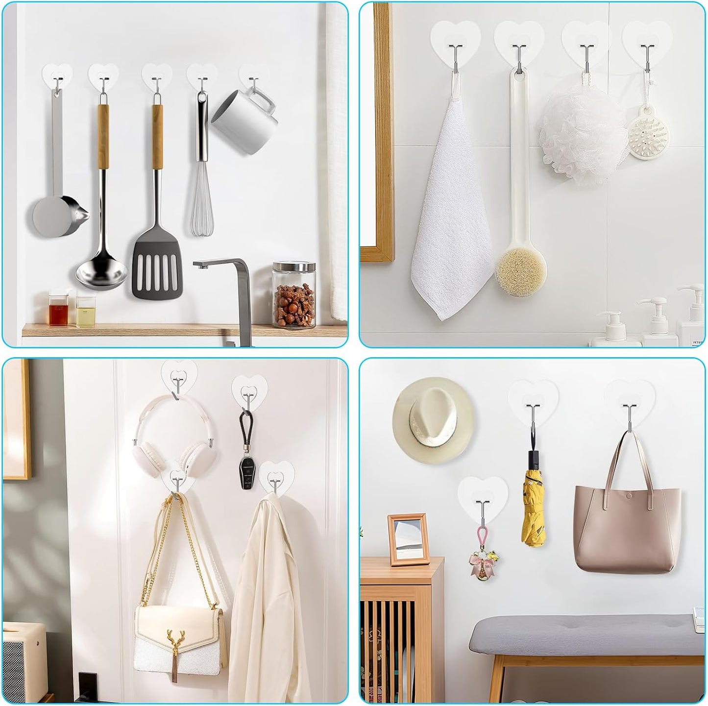Adove Adhesive Hooks for Hanging, 24 Pack Heavy Duty Wall Hooks, Towel Coat Hooks Waterproof, Transparent Self Adhesive Sticky Hook for Kitchen Keys Glass Door,No Nail Utility Ceiling Hooks