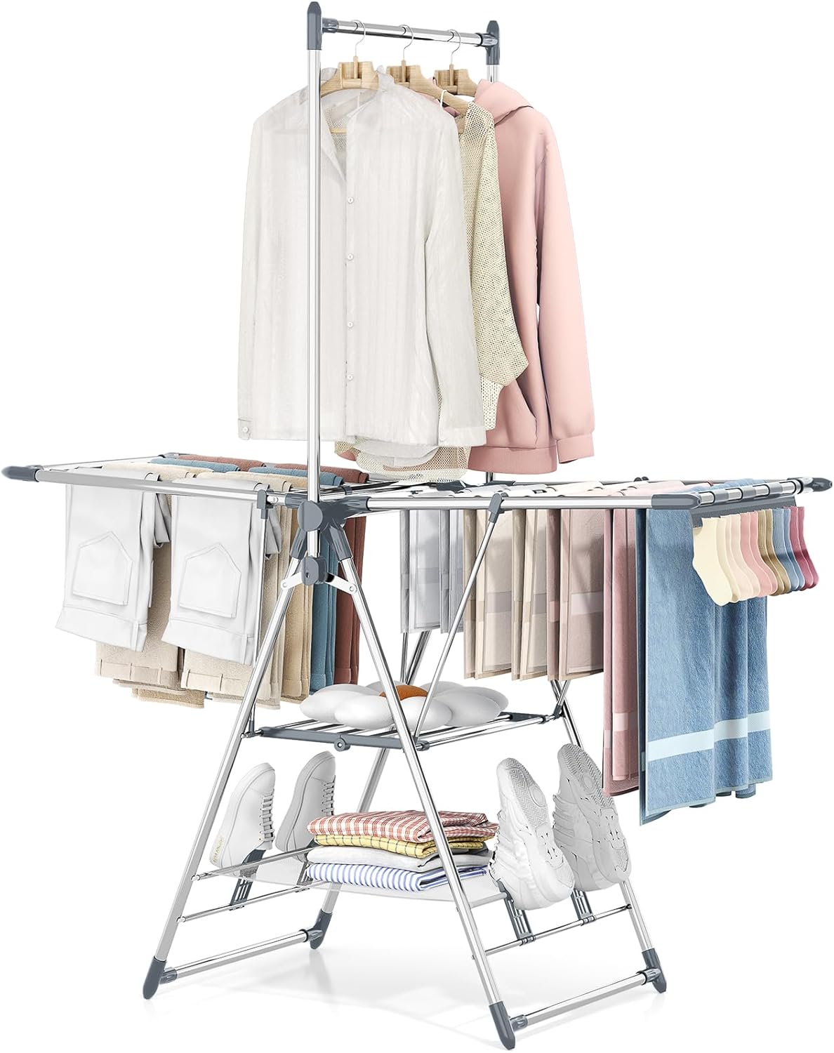 APEXCHASER Clothes Drying Rack with High Hanger, Foldable 3-Level Drying Racks with Shoe Rack, Crossbar and Vertical Rod Laundry Stand with Adjustable Wings Silver