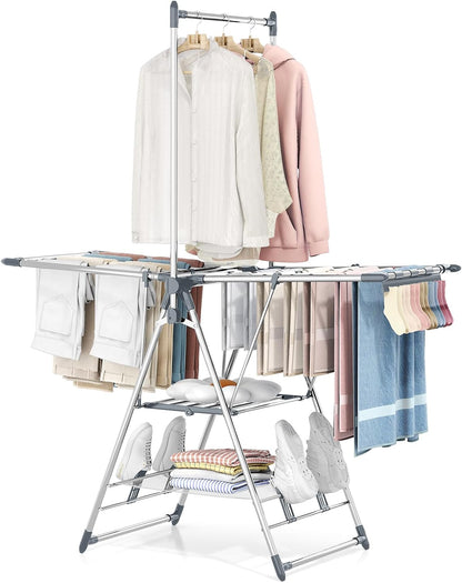 APEXCHASER Clothes Drying Rack with High Hanger, Foldable 3-Level Drying Racks with Shoe Rack, Crossbar and Vertical Rod Laundry Stand with Adjustable Wings Silver