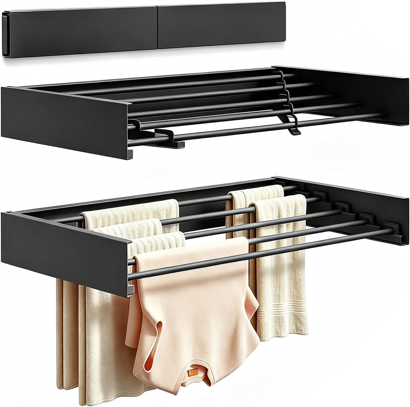 Wall Mounted Foldable Clothes Drying Rack Carbon Steel 5 Rods, Space-Saving Laundry Drying Rack with Wall Template (1, White, 19.69")