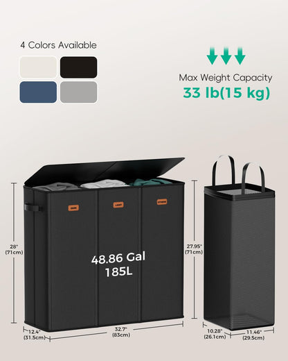 185L Laundry Hamper 3 Section with Lid & Removable Bags | Collapsible laundry basket organizer for laundry room, bedroom & dorm with 3 removable washing bags