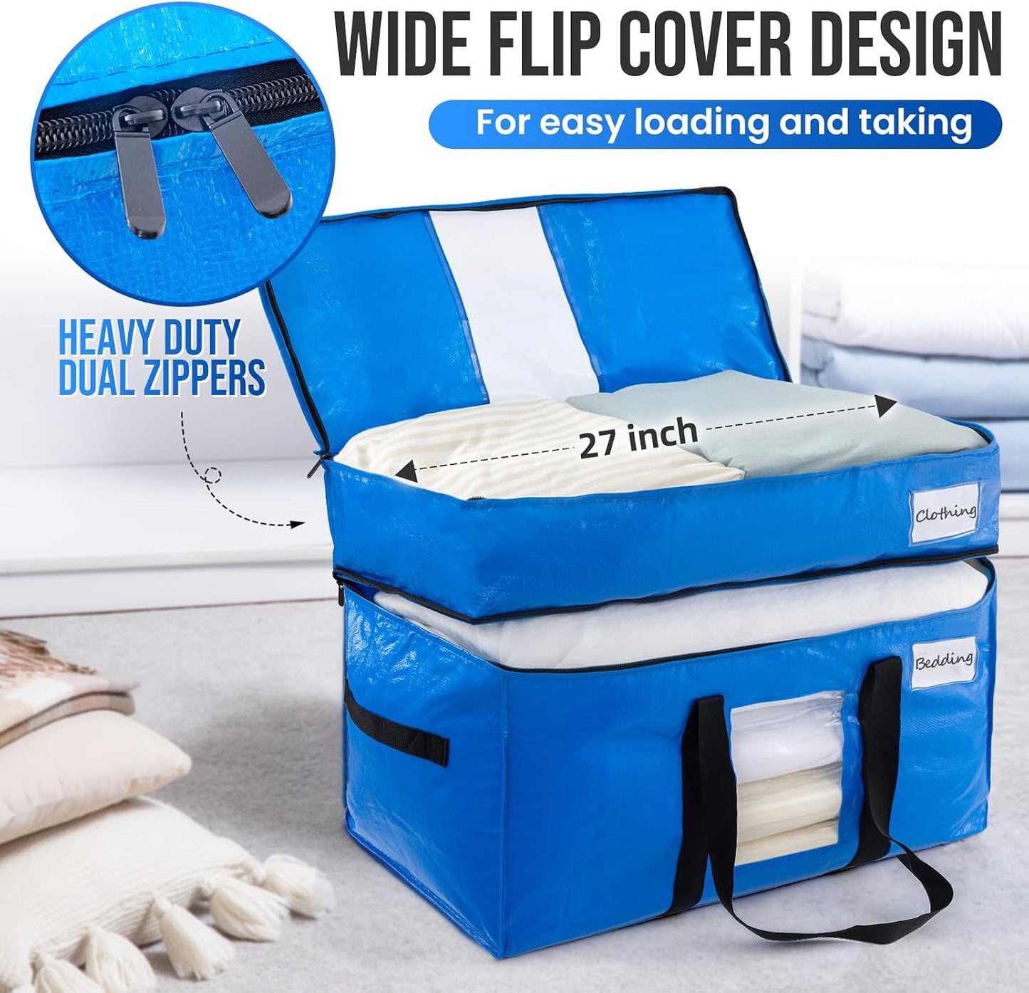 TAILI Extra Large Moving Bags, 4 Pack Blue Heavy Duty Totes For Storage with Visible Window, Wrap Around Handles, Storage Bags for Space Saving, Alternative to Moving Boxes
