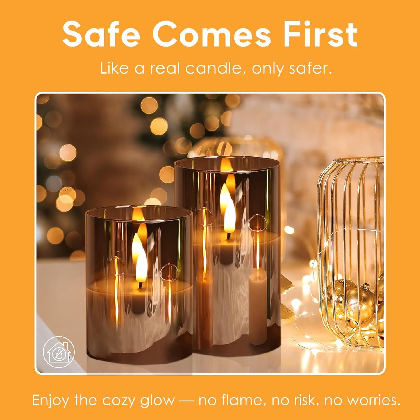 Eywamage Gold Glass Flameless Pillar Candles with Remote, Flickering Christmas LED Candles Battery Operated Set of 3