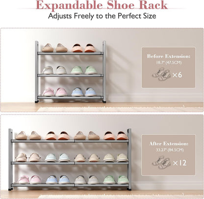 Bumusty 3-Tier Expandable Shoe Rack for Closet, 18“-33” Adjustable Shoe Rack for Small Space, Small Shoe Organizer for Front Door, Sturdy Metal, Black