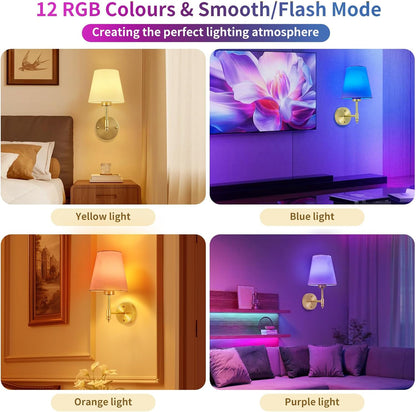 Battery Operated Wall Sconces Set of Two, Rechargeable Wireless Wall Lights with RGB Dimmable Magnetic Bulb and Remote,15 Colors Options Wireless Wall Lamps for Bedroom Living Room Hallway -black