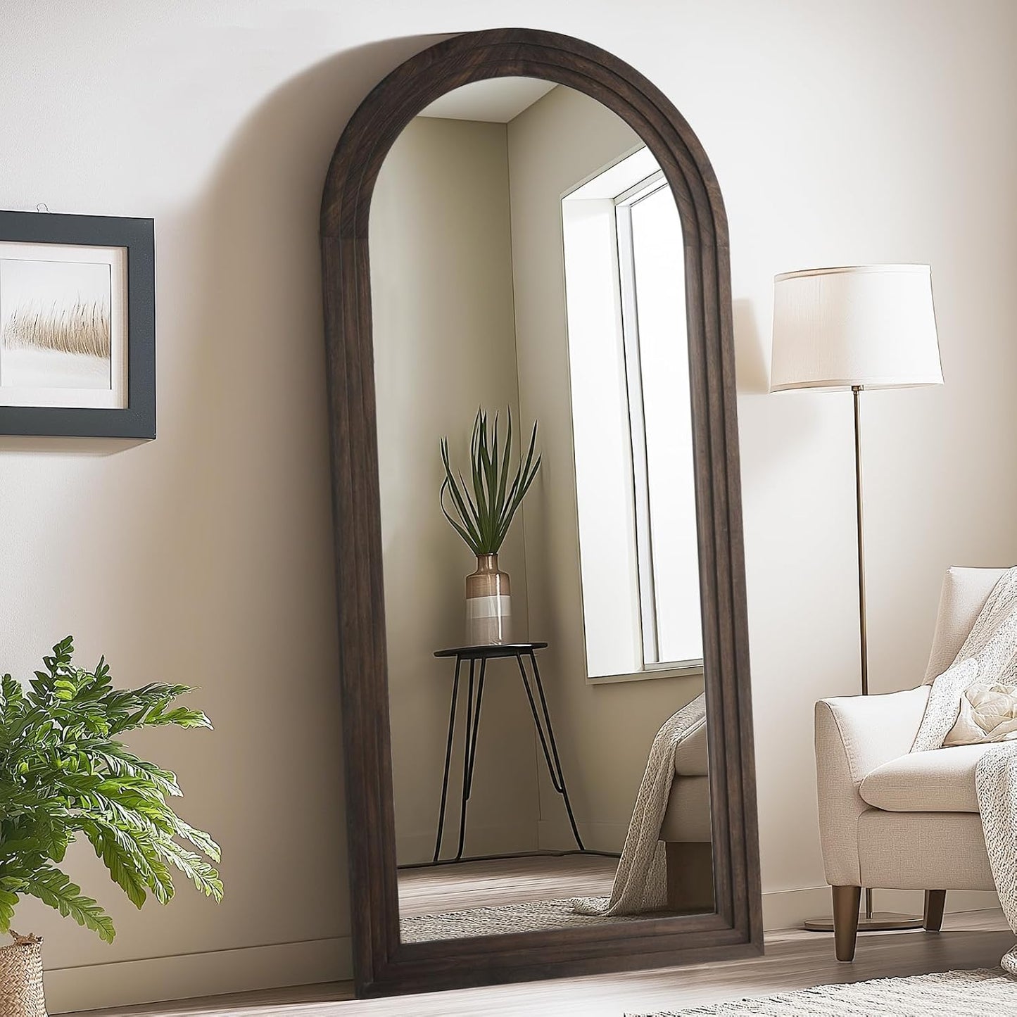 MELOMOIR Arched Full Length Mirror with Solid Wood Frame, 56"x21" Rustic Farmhouse Floor Mirror with Stand, Free Standing Leaning Hanging, for Bedroom Living Room Dressing Room Entryway, Brown