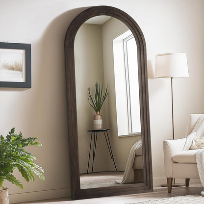 MELOMOIR Arched Full Length Mirror with Solid Wood Frame, 56"x21" Rustic Farmhouse Floor Mirror with Stand, Free Standing Leaning Hanging, for Bedroom Living Room Dressing Room Entryway, Brown