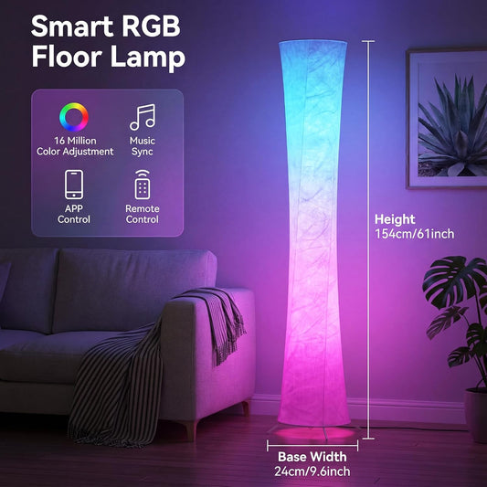 61'' Round Floor Lamp, RGB LED Corner Floor Lamp with Music Sync, 16W+ Colors & 3 Color Temperatures, APP & Remote Control, Modern Standing Lamp for Living Room Bedroom