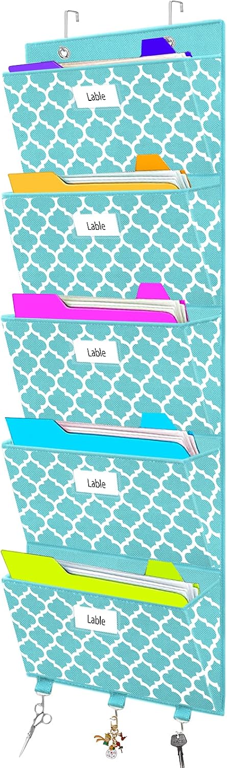homyfort Over the Door File Organizer, Wall Hanging File Folders with 5 Large Pocket for Mails, Magazines, Back to School Supplies,Office Chart Storage, Paper Organization (Grey)