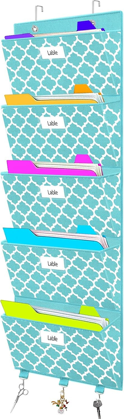 homyfort Over the Door File Organizer, Wall Hanging File Folders with 5 Large Pocket for Mails, Magazines, Back to School Supplies,Office Chart Storage, Paper Organization (Grey)