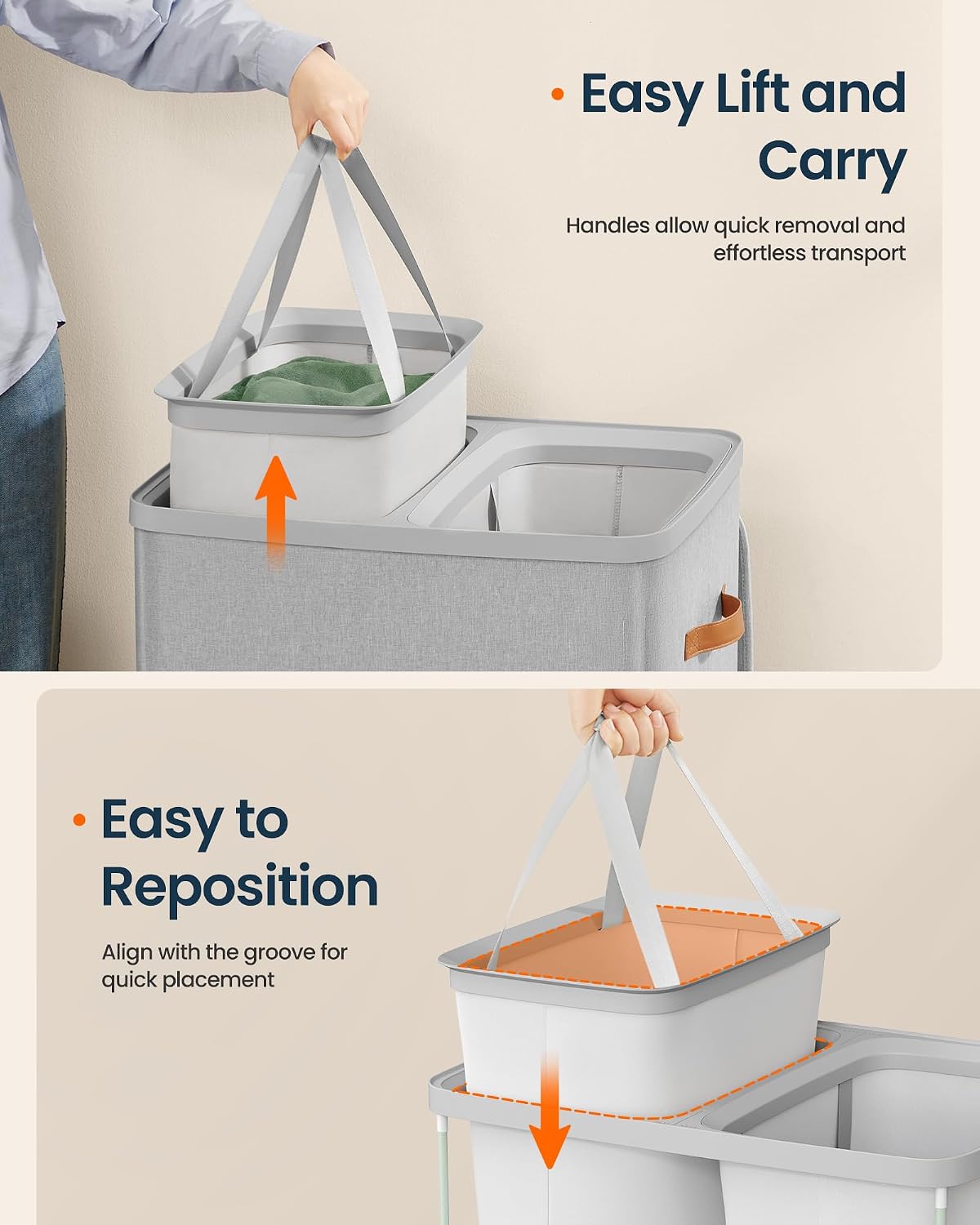 SONGMICS HOME Laundry Hamper with Lid, 2 Section Laundry Basket with Removable Liners and Handles, Foldable Clothes Sorter for Bedroom, Bathroom, Beige