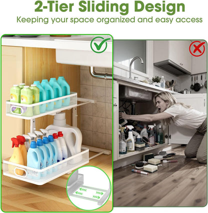Under Sink Organizer 2-Pack, Metal 2-Tier Pull-Out Cabinet Shelf with Slide-Out Mesh Drawers, Height Adjustable, Space-Saving Under Sink Storage Racks for Kitchen, Bathroom, Laundry Room