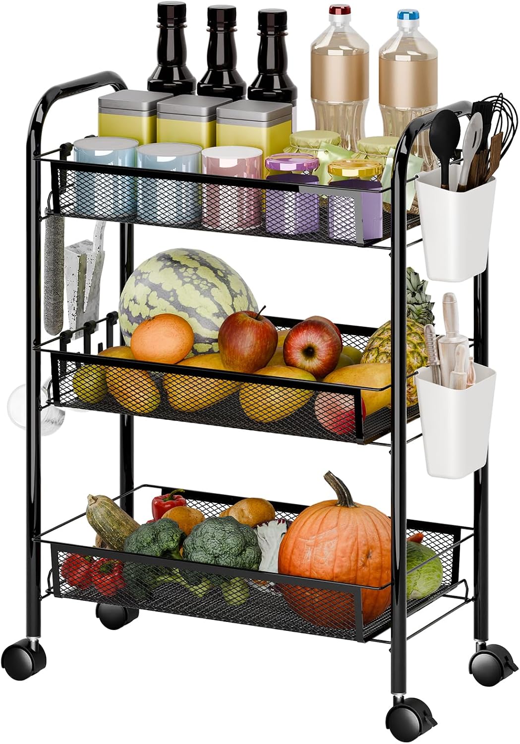 5-Tier Rolling Cart, Stackable Fruit Vegetable Rack, Kitchen Mesh Storage Basket with 360 Degree Wheels, Snack Cart for Kitchen Pantry Bathroom Organizer Heighten Guardrail Detachable (5-Tier Black)