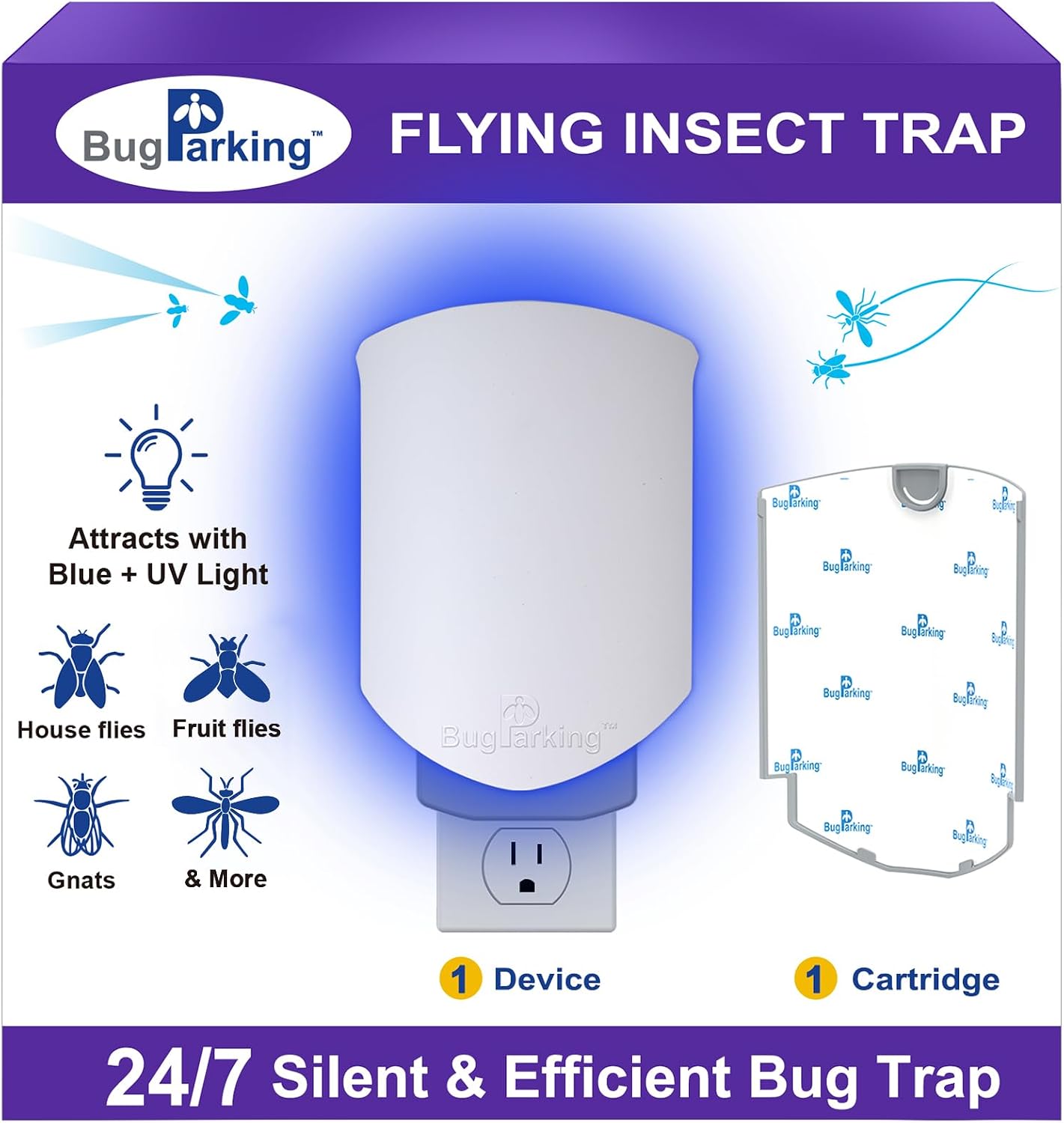 Flying Insect Trap, Plug-in UV Light for Gnats, Fruit Flies and Houseflies, Silent Sticky Catcher for Indoor Use, 1 Device & 3 Refills