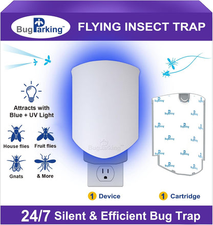 Flying Insect Trap, Plug-in UV Light for Gnats, Fruit Flies and Houseflies, Silent Sticky Catcher for Indoor Use, 1 Device & 3 Refills