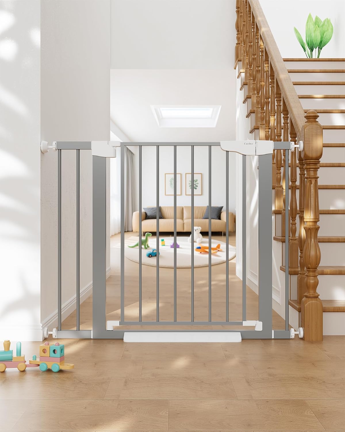 Cumbor 29.7-48" Baby Gate for Stairs, Mom's Choice Awards Winner-Dog Gate for Doorways, Auto Close Safety Pet Gate for Dogs Indoor, Easy Install Pressure Mounted Child Gate with Walk Thru Door, Brown