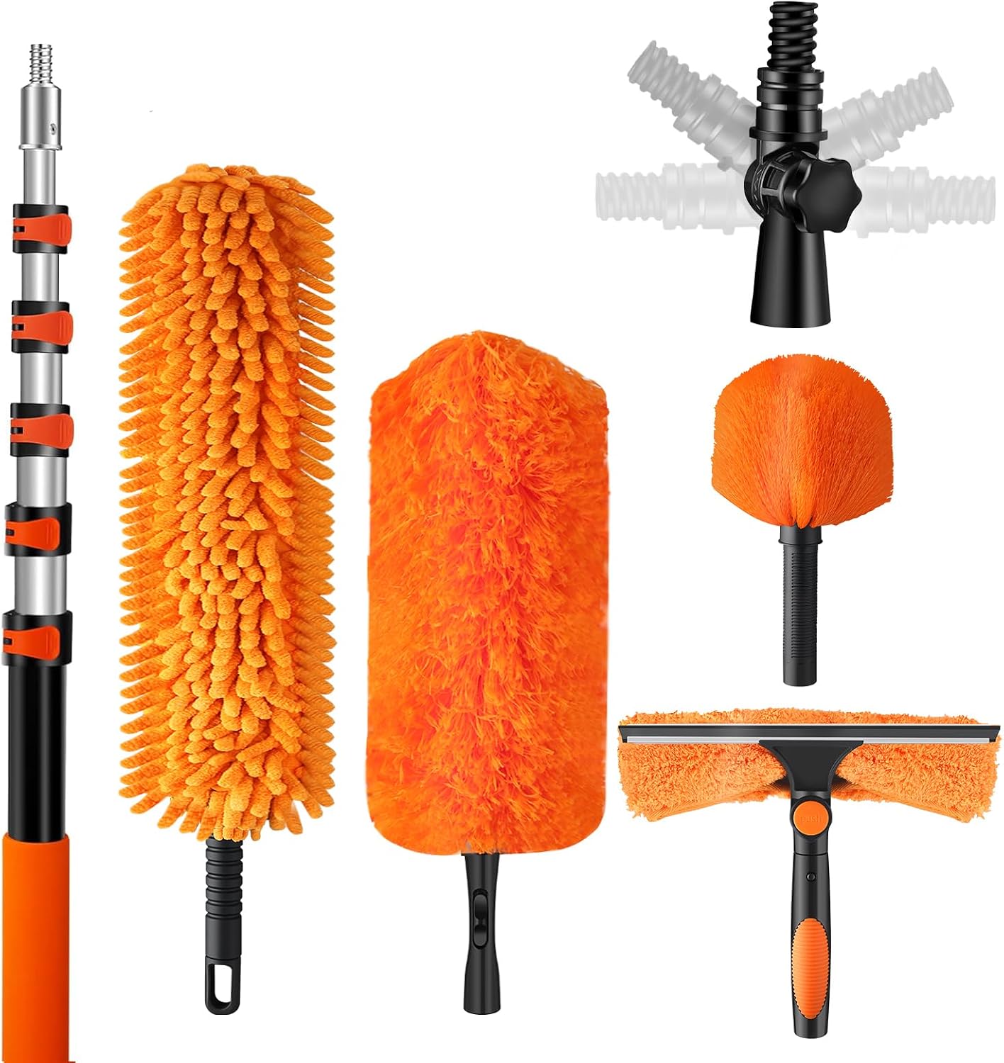 20ft High Reach Duster Kit with Extendable Pole (5-12ft),High Ceiling Duster Kit Includes–Ceiling Fan Blade Cleaner, Cobweb Remover, Bendable Duster, Microfiber Glass Scrubber & Squeegee & Swivel Head