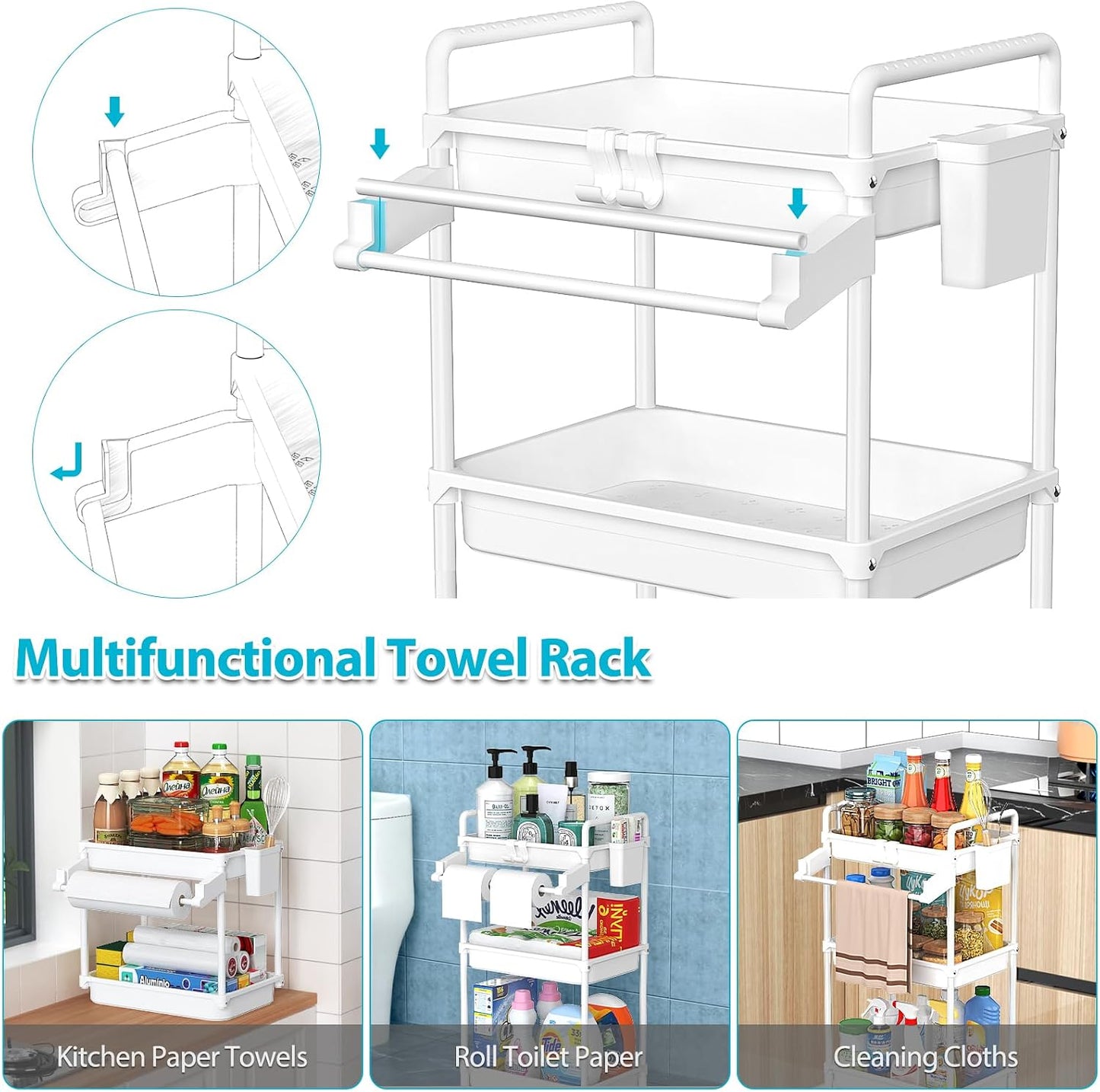 SPACEKEEPER Rolling Storage Cart, 4-Tier Bathroom Organizer Utility Cart Laundry Room Organization Mobile Shelving Unit with Towel Rack, Lockable Wheel, Hooks & Cup for Kitchen Bedroom Office, White