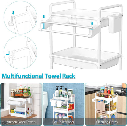 SPACEKEEPER Rolling Storage Cart, 4-Tier Bathroom Organizer Utility Cart Laundry Room Organization Mobile Shelving Unit with Towel Rack, Lockable Wheel, Hooks & Cup for Kitchen Bedroom Office, White