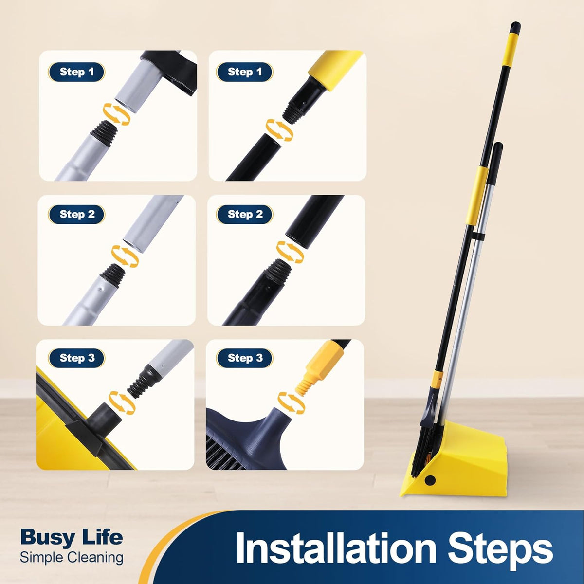 Yocada Commercial Heavy Duty Broom and Dustpan with Comb Set Indoor Outdoor for Courtyard Garage Lobby Mall Market Floor Home Kitchen Room Office Pet Hair Rubbish