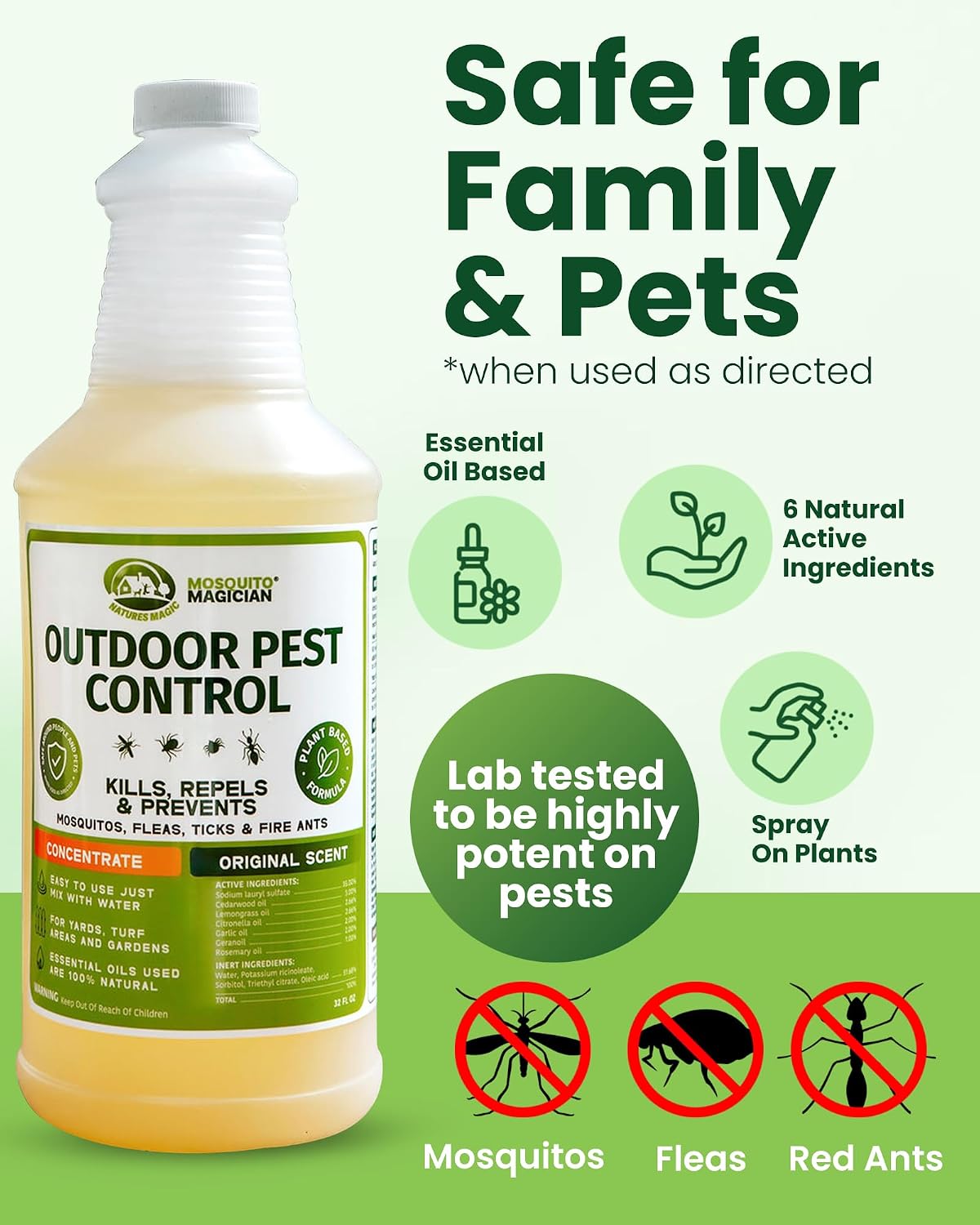 Mosquito Magician Liquid Concentrate – Kills Mosquitoes, Fleas & Fire Ants, Repels and Prevents Ticks – Essential Oil Yard Treatment Spray – Use with Sprayers, Foggers & Misting Systems – 32 oz, Mint