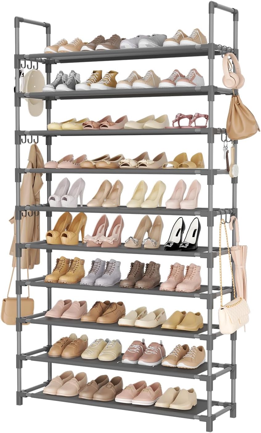 LANTEFUL 10 Tiers Tall Shoe Rack 20-25 Pairs Boots Organizer Storage Sturdy Narrow Shoe Shelf for Entryway, Closets with Hooks, Black