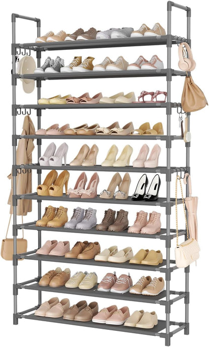 LANTEFUL 10 Tiers Tall Shoe Rack 20-25 Pairs Boots Organizer Storage Sturdy Narrow Shoe Shelf for Entryway, Closets with Hooks, Black