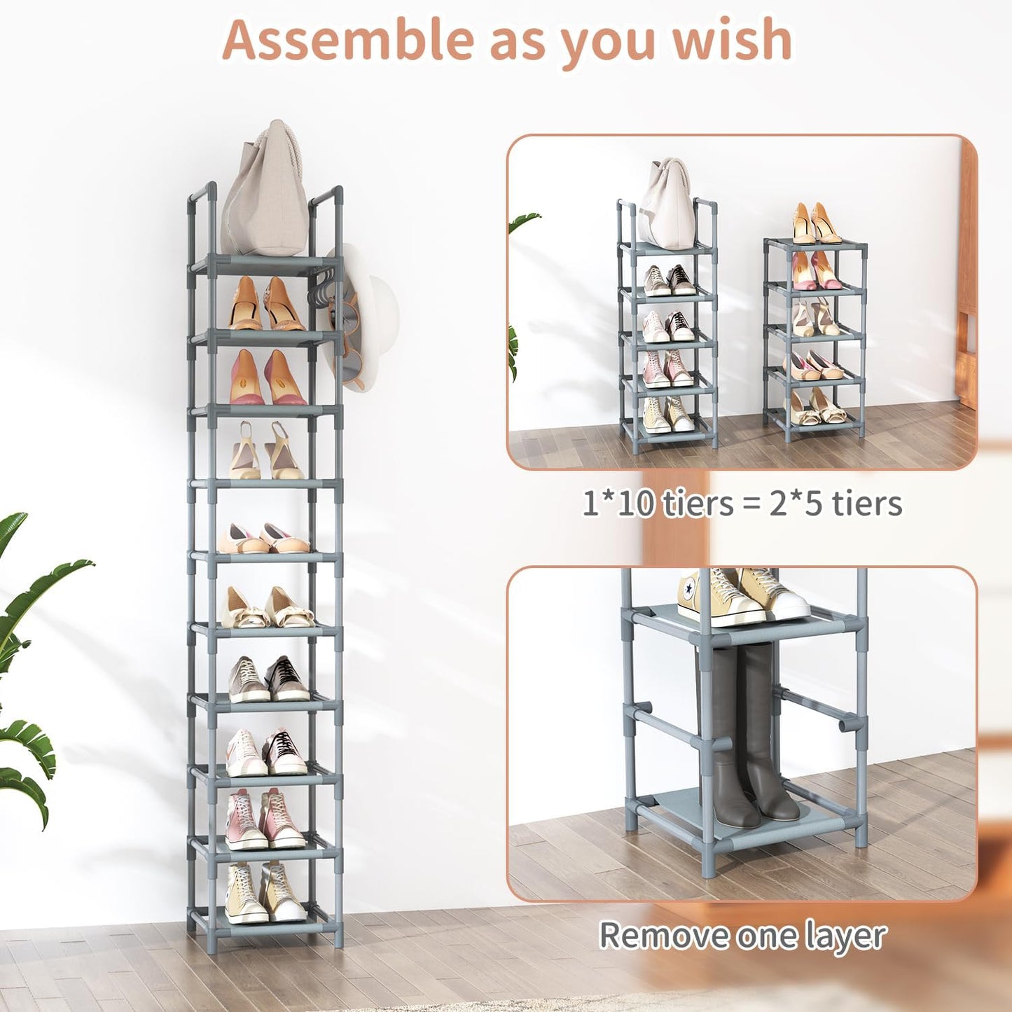 LANTEFUL Tall Narrow Shoe Rack for Entryway, 10-Tier Sturdy Metal Shoe Shelf Storage 10-15 Pairs of Shoes and Boots, Space Saving Corner Shoe Rack Organizer for Closet,Doorway,Garage,Living Room