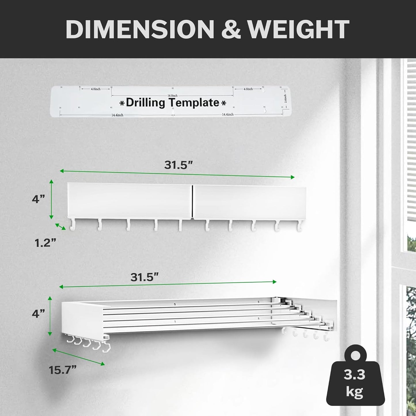 Foldable Wall Mounted Drying Rack - 31.5” Wide, 13.2 Ft Drying Space, 5 Aluminum Rods, Supports Up to 60 lbs - Retractable & Foldable Space-Saving Wall Mounted Clothes Drying Rack (Black)