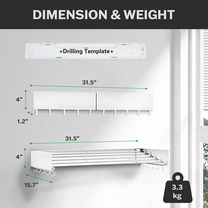 Foldable Wall Mounted Drying Rack - 31.5” Wide, 13.2 Ft Drying Space, 5 Aluminum Rods, Supports Up to 60 lbs - Retractable & Foldable Space-Saving Wall Mounted Clothes Drying Rack (Black)
