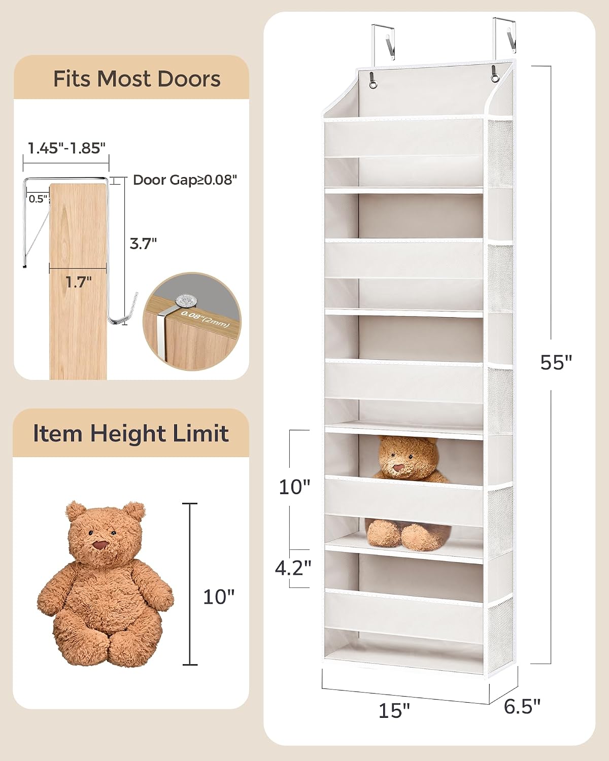 ULG Over the Door Organizer, 5-Tier Extra Large Hanging Storage with 10 Mesh Pockets, 100 lbs Capacity, Heavy Duty Door Organizer for Closet, Bedroom, Nursery Storage, Beige