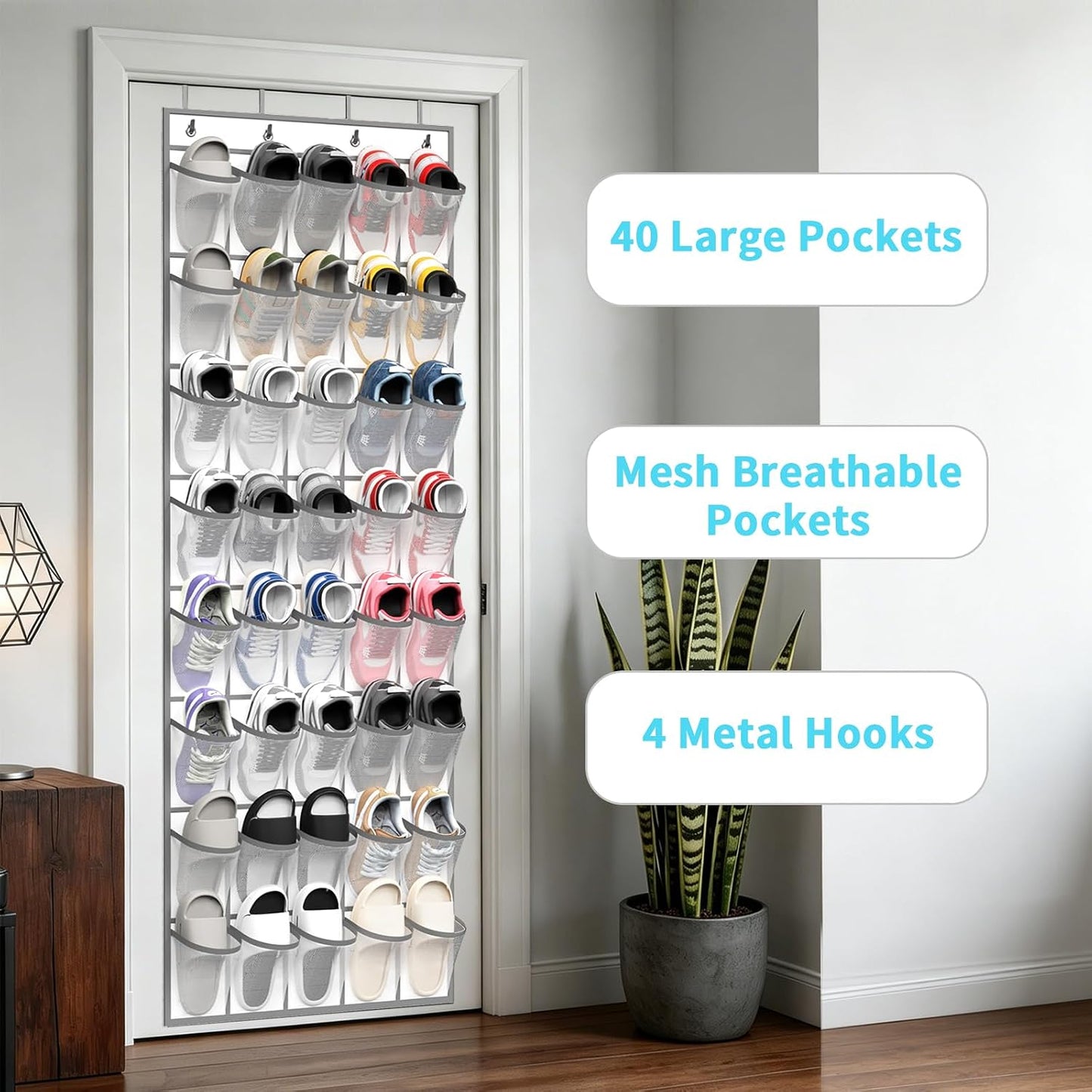SAVERHO 35 Pockets Over the Door Shoe Organizer, Hanging Shoe Organizer for Door with 35 Mesh Pockets Large Capacity Shoe Hanging Storage Bag with 4 Metal Hooks (White-1Pack)