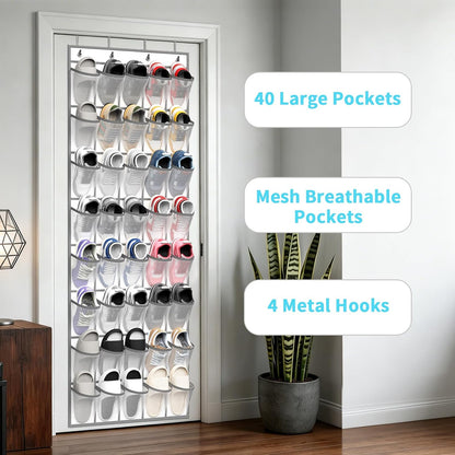 SAVERHO 35 Pockets Over the Door Shoe Organizer, Hanging Shoe Organizer for Door with 35 Mesh Pockets Large Capacity Shoe Hanging Storage Bag with 4 Metal Hooks (White-1Pack)