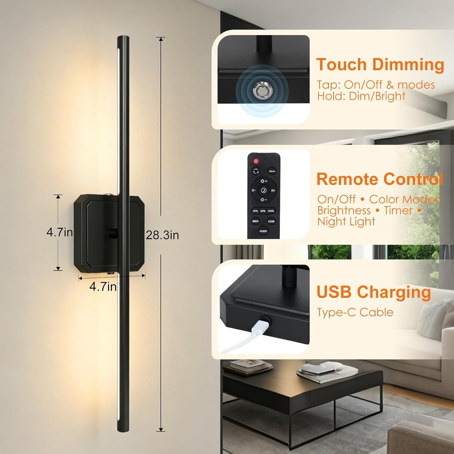 Battery Operated Wall Sconces Set of 2, 𝐔𝐩𝐠𝐫𝐚𝐝𝐞𝐝 Rechargeable Wall Lights with Remote Control, LED Wall Sconces Black, 3000K-6000K Dimmable 360° Rotatable for Living Room, Bedroom, 28''