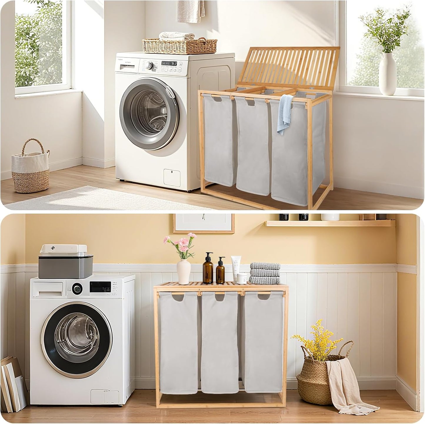 Bamboo Laundry Hamper 3 Section with Lid, 150 L Laundry Sorter with Pull-Out Removable Washable Bags, 3 × 12.5 Gal Divided Laundry Baskets for Laundry Room, Bathroom (Gray)