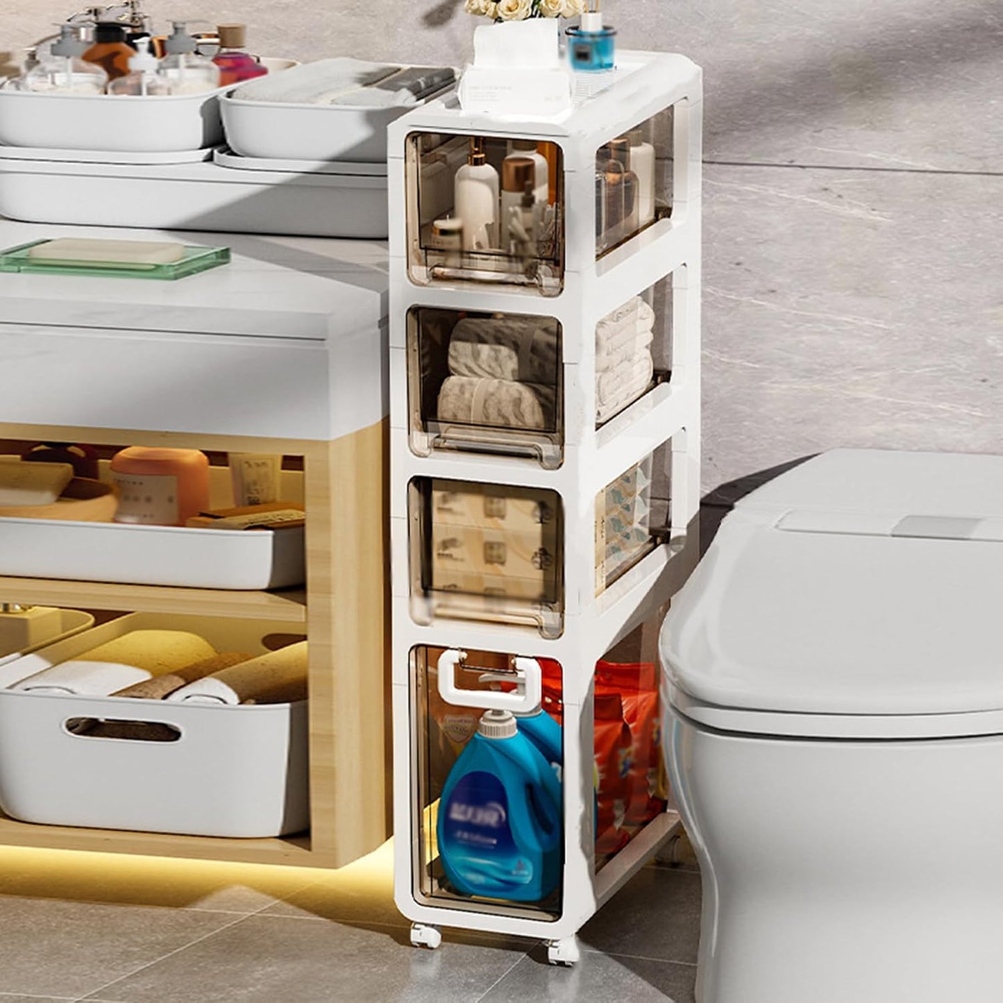 5-Tier Slim Bathroom Storage Cabinet,Narrow Floor Cabinets with Drawers and Wheels,Rolling Narrow Organizer for Small Spaces,Kitchen,Laundry,7.9”W