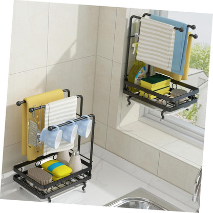 SOLUSTRE Dual-Purpose Wall-Mounted Sponge Rack Black 3-Rod Dishcloth Holder Kitchen Draining Rack for Sponge and Rags Space-Saving Design for Cleaning Supplies