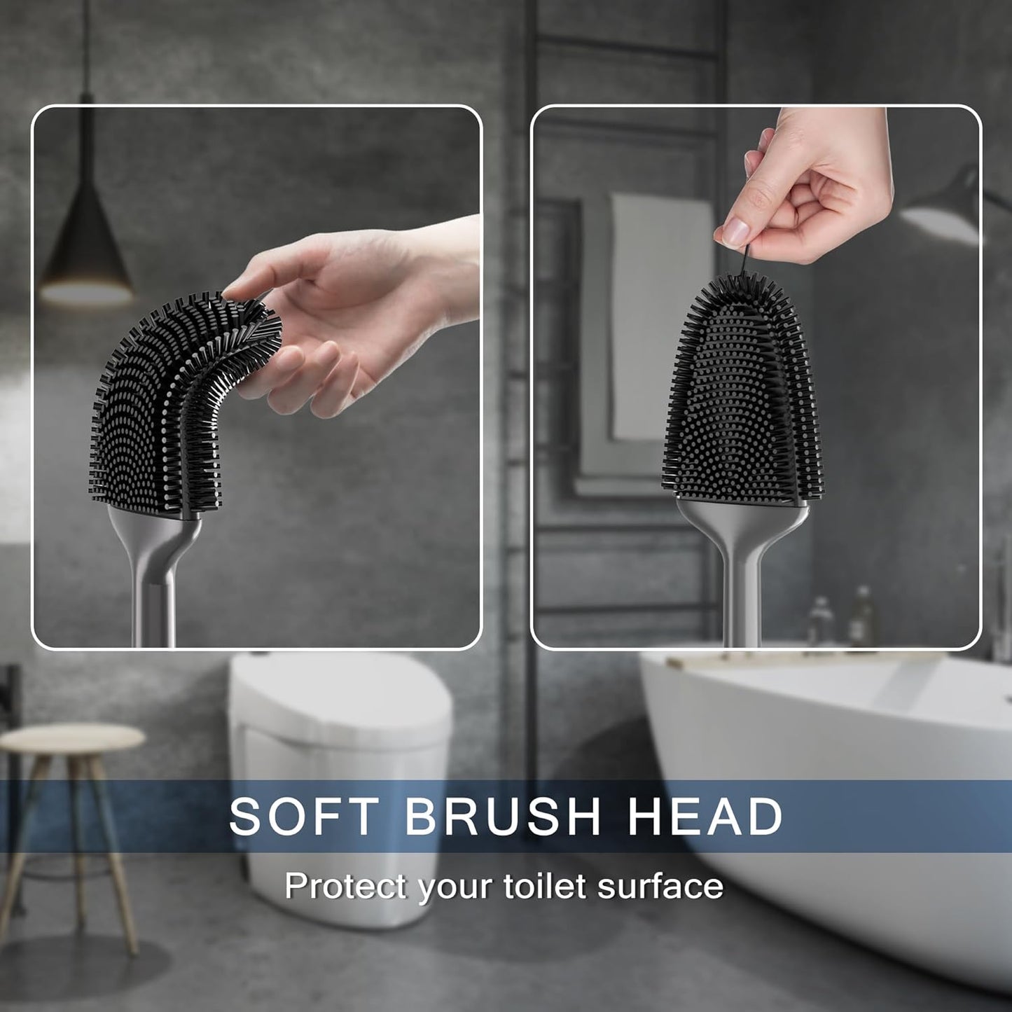 Toilet Brush and Holder Set, Black Silicone Toilet Bowl Brush with Flexible Head, Ventilated Base, Wall Mount, Compact Bathroom Scrubber for RV and Home