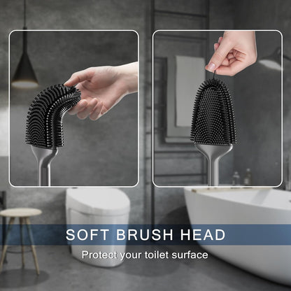 Toilet Brush and Holder Set, Black Silicone Toilet Bowl Brush with Flexible Head, Ventilated Base, Wall Mount, Compact Bathroom Scrubber for RV and Home