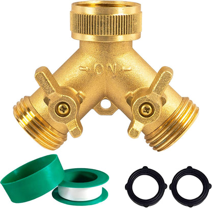 Hourleey Brass Garden Hose Splitter (2 Way), Solid Brass Hose Y Splitter 2 Valves with 2 Extra Rubber Washers (2 PACK)