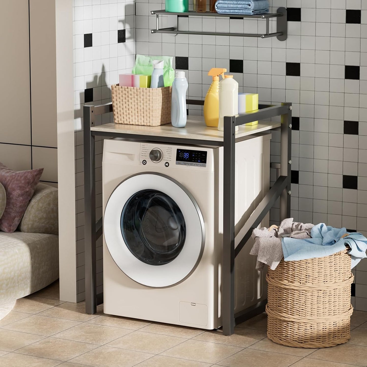 Height Adjustable Over the Washer and Dryer Storage Shelf, Washing Machine Storage Utility Rack with Countertop, Freestanding, Strong Load-bearing, Space-Saving for Laundry Room Apartment Bathroom Bl