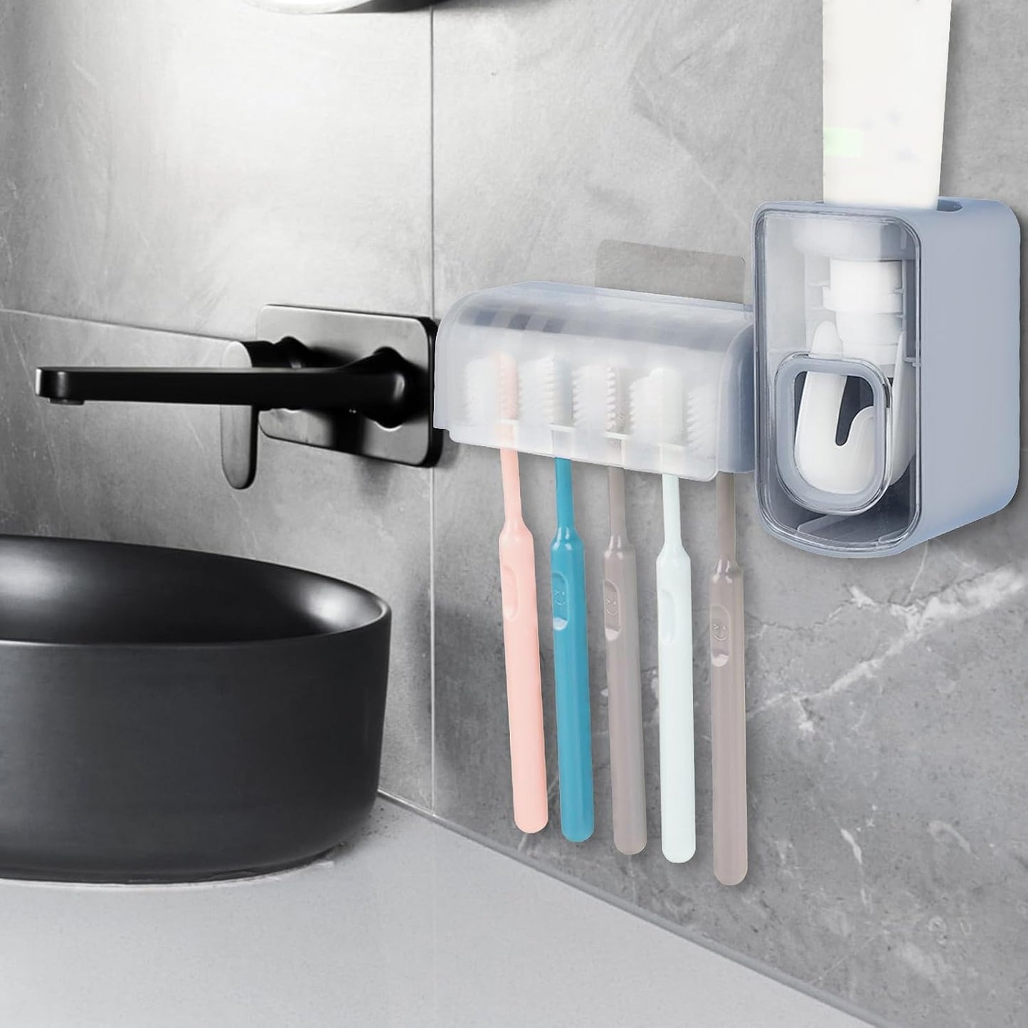 5 Slots Wall Mount Toothbrush Holder with Cover, Self Adhesive Toothbrush Storage Organizer for Shower, Toothbrush Hanger with Automatic Toothpaste Squeezer Dispenser