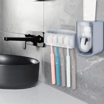 5 Slots Wall Mount Toothbrush Holder with Cover, Self Adhesive Toothbrush Storage Organizer for Shower, Toothbrush Hanger with Automatic Toothpaste Squeezer Dispenser