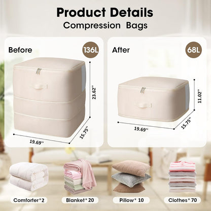 4 Pack Comforter Storage Bag, 68L Blanket Storage Bags Self Compression Comforter Organizer and Storages, Space Saving Washable Compression Bags for Blanket Bedding Pillow Duvet Quilt, Beige
