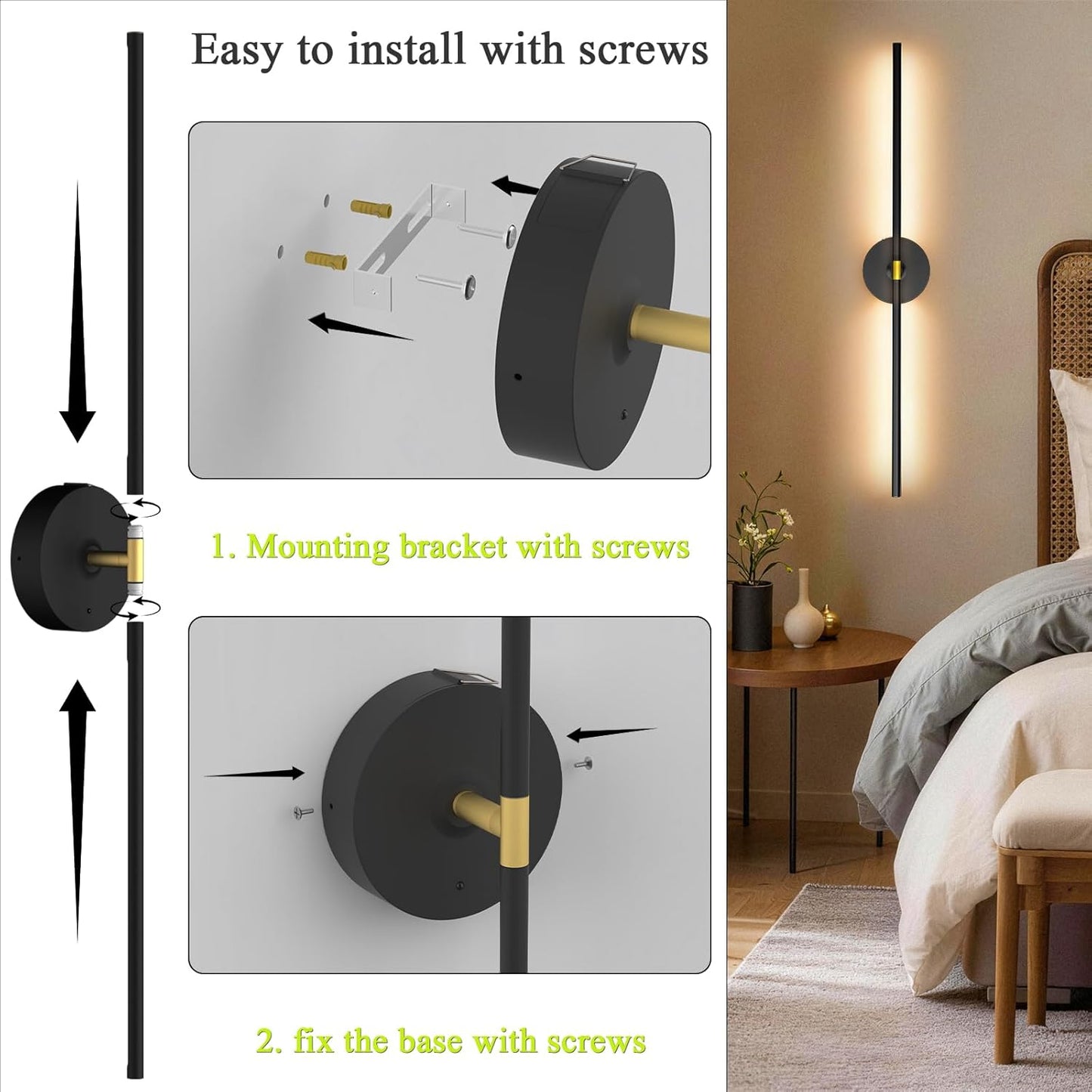 Battery Operated Wall Sconce Set of Two: Gold Wireless Rechargeable Wall Light with 10000mAh Detachable Battery and Remote, 360° Rotatable Scone Wall Decor for Bedroom Hallway Bathroom, 31.5inch