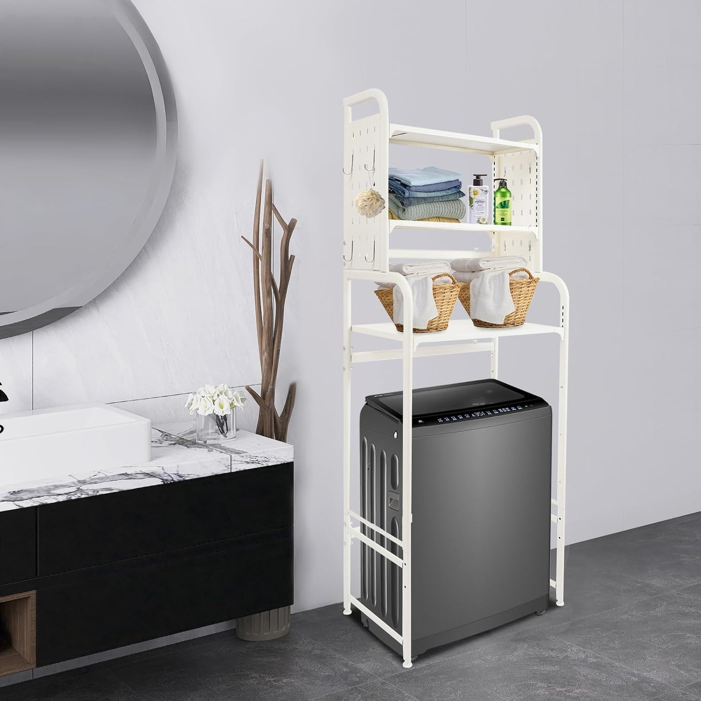 3-Tier Over The Washer and Dryer Storage Shelf, Washing Machine Shelf with Adjustable Height & Hooks, Over Toilet Laundry Room Drying Storage Rack with Pigboard, Space Saver (Gray)